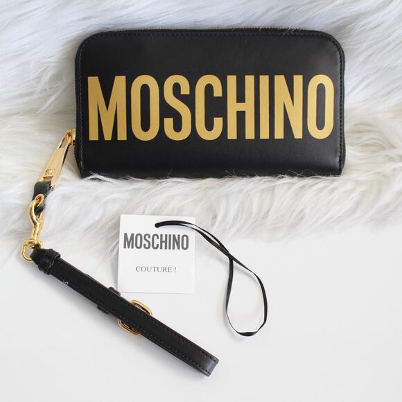 Moschino Black Gold Logo Continental Zip Around Wallet Wristlet New - Picture 2 of 13